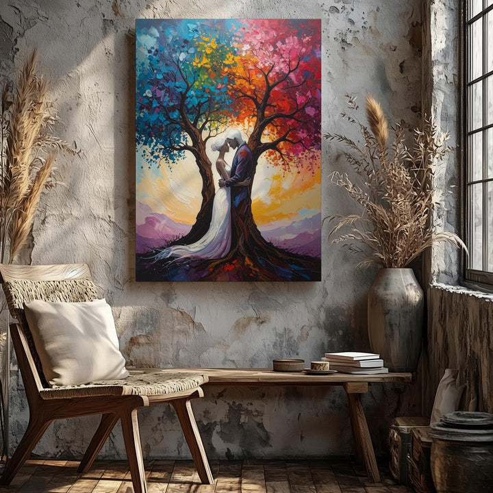Tree of Love Canvas – Embracing Figures Merged with Vibrant Trees - Gifitto