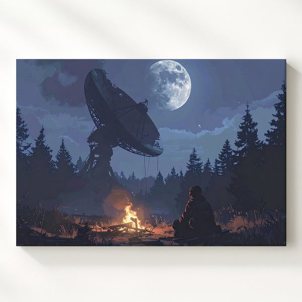 Forest Signal Canvas – Campfire & Abandoned Satellite Dish Night Scene - Gifitto