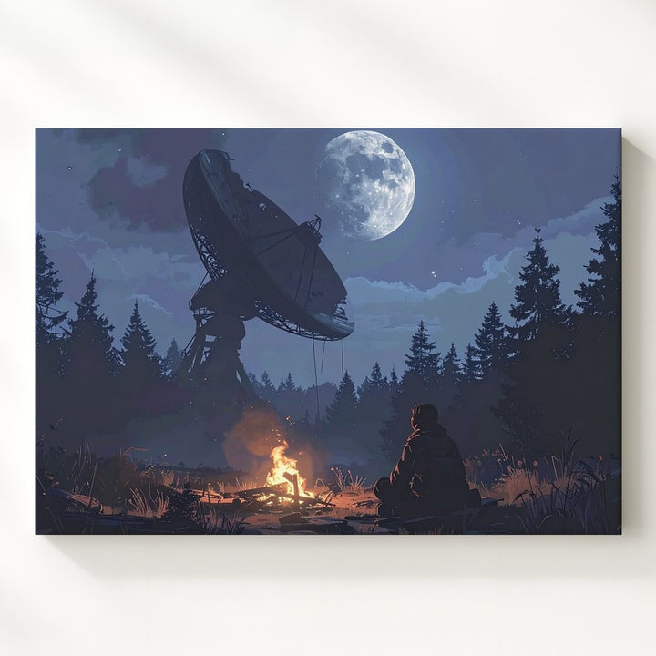 Forest Signal Canvas – Campfire & Abandoned Satellite Dish Night Scene - Gifitto