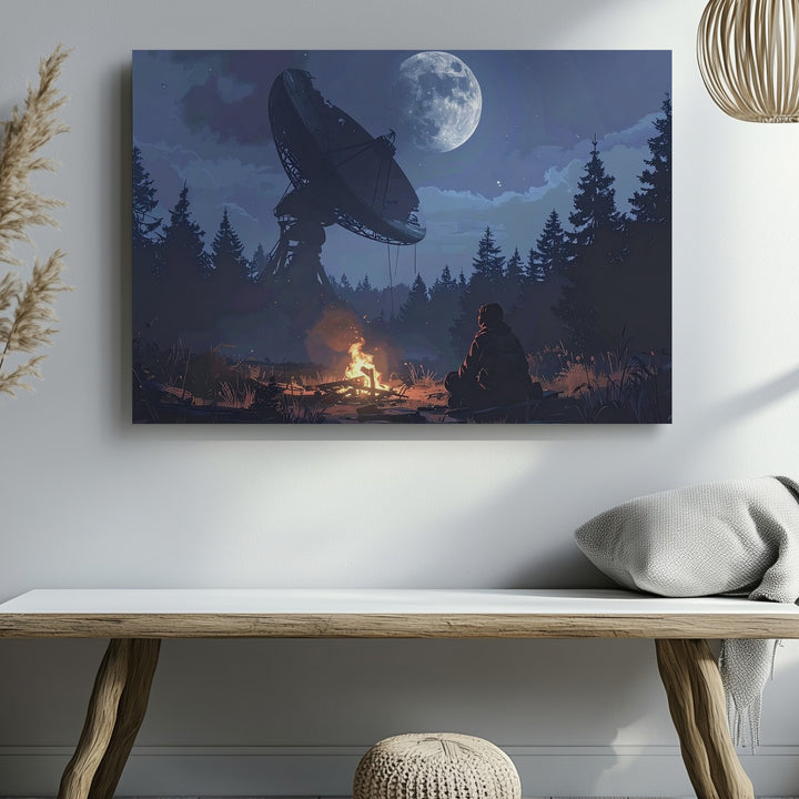 Forest Signal Canvas – Campfire & Abandoned Satellite Dish Night Scene - Gifitto
