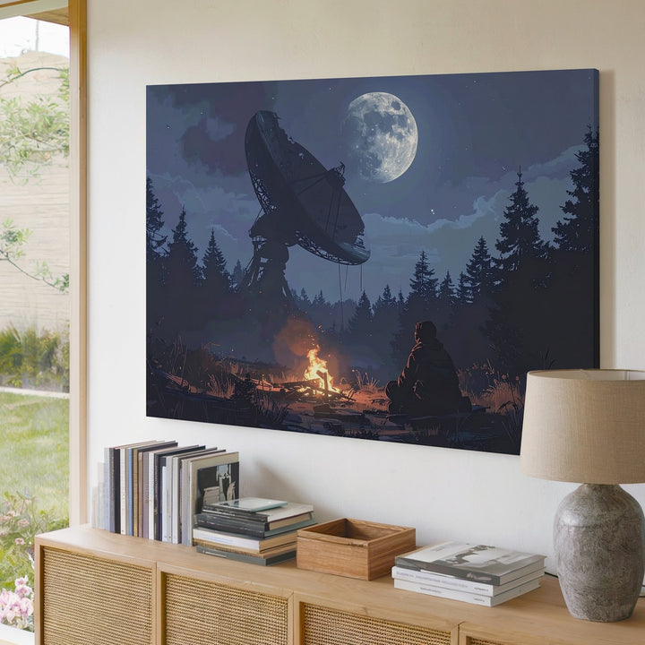 Forest Signal Canvas – Campfire & Abandoned Satellite Dish Night Scene - Gifitto
