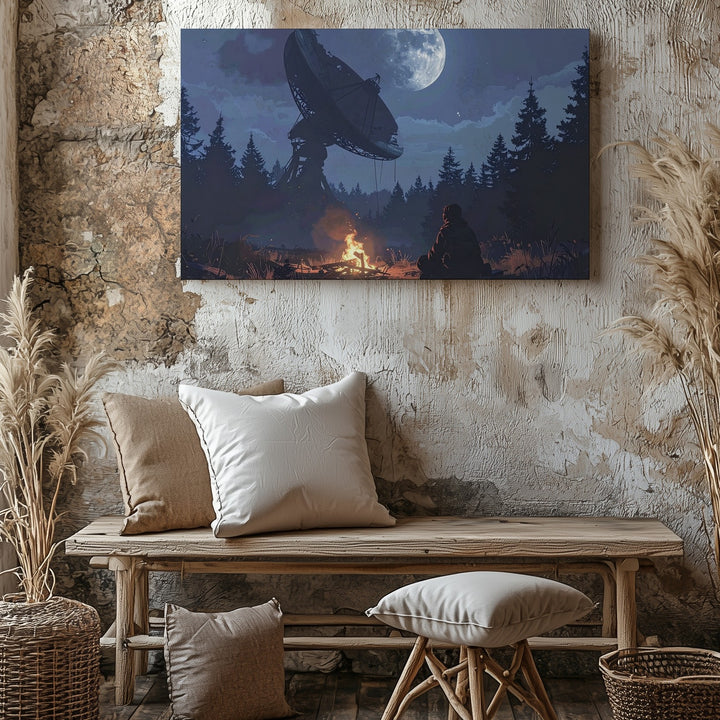 Forest Signal Canvas – Campfire & Abandoned Satellite Dish Night Scene - Gifitto
