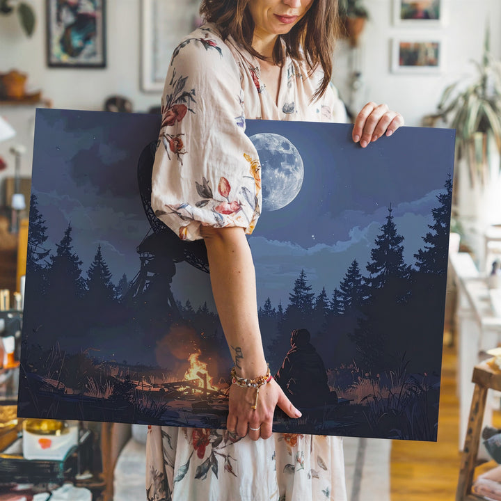Forest Signal Canvas – Campfire & Abandoned Satellite Dish Night Scene - Gifitto