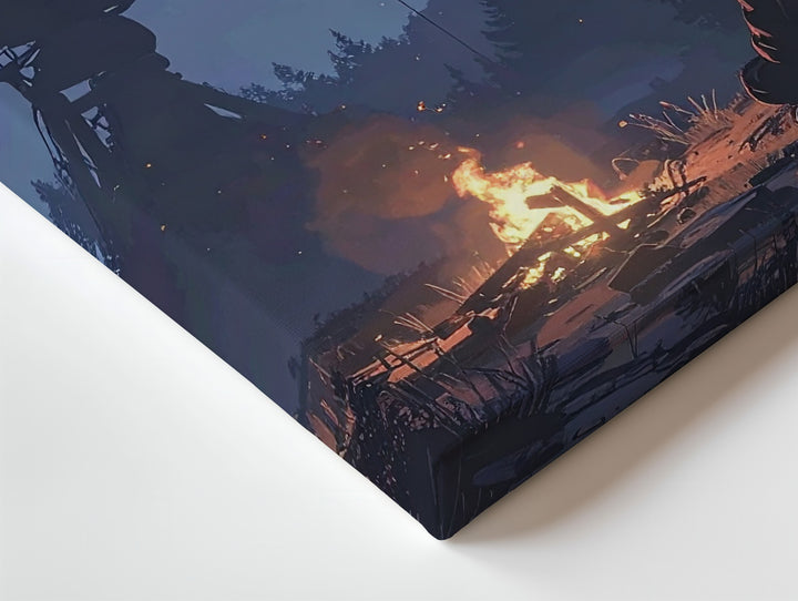 Forest Signal Canvas – Campfire & Abandoned Satellite Dish Night Scene - Gifitto