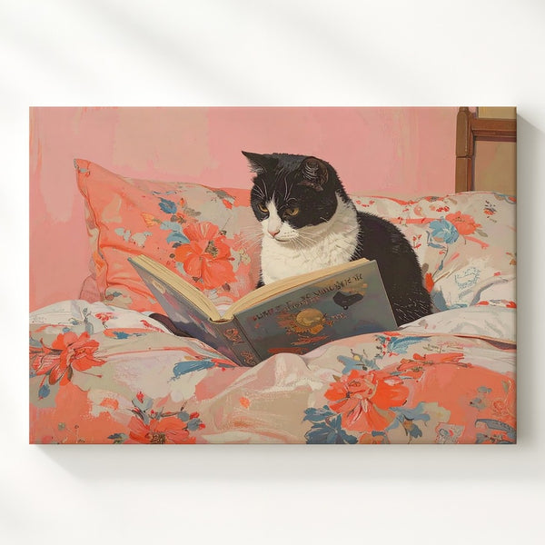 Focused Cat Reading a Book Canvas – Black-and-White Feline on Floral Blanket - Gifitto