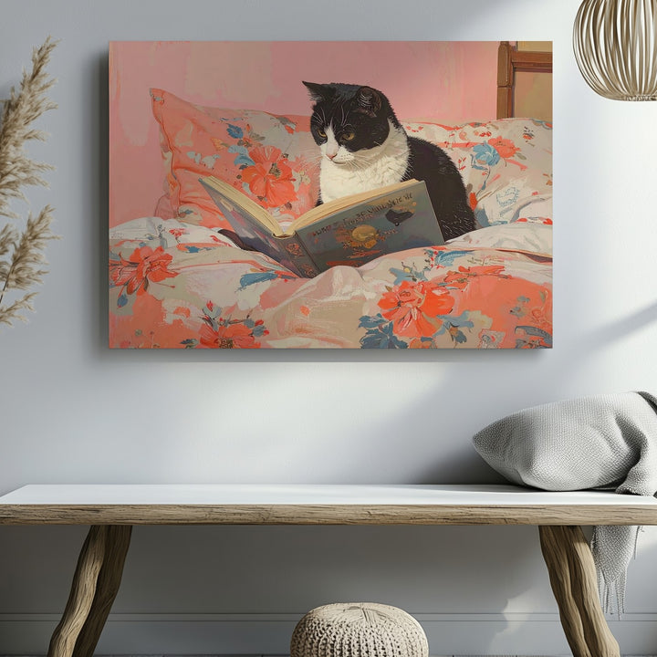 Focused Cat Reading a Book Canvas – Black-and-White Feline on Floral Blanket - Gifitto