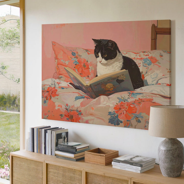 Focused Cat Reading a Book Canvas – Black-and-White Feline on Floral Blanket - Gifitto