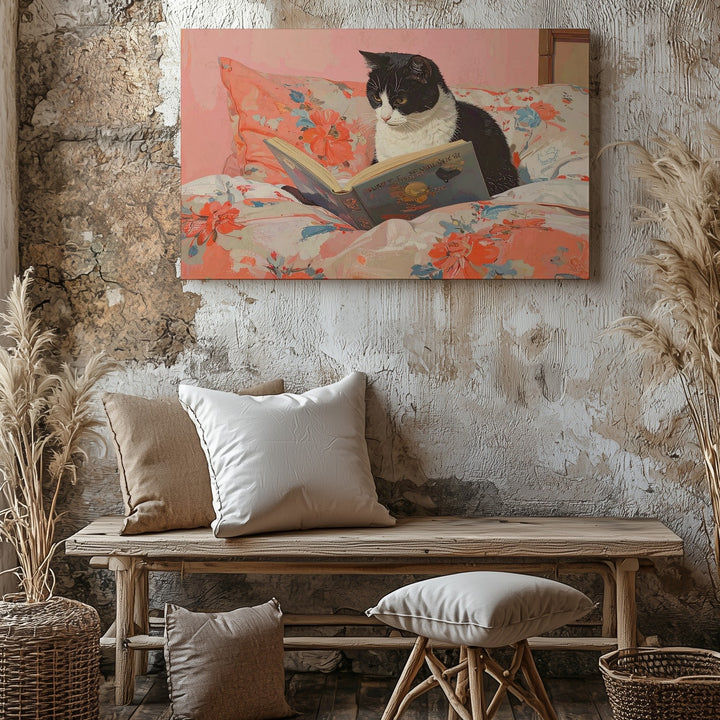 Focused Cat Reading a Book Canvas – Black-and-White Feline on Floral Blanket - Gifitto