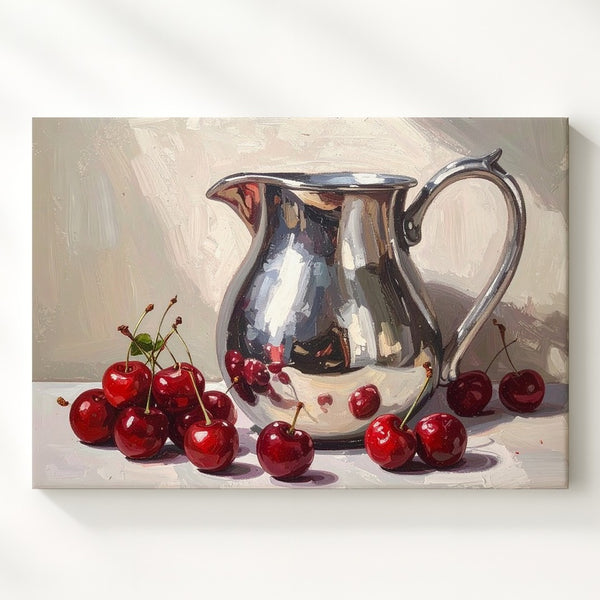 Cherries & Silver Pitcher Canvas – Realistic Oil Still Life on Light Table - Gifitto