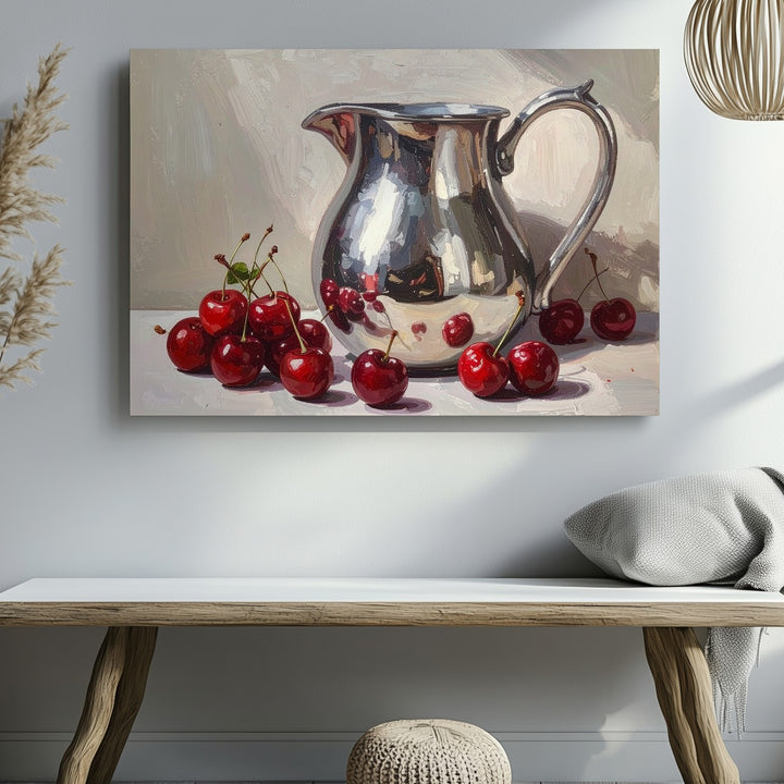Cherries & Silver Pitcher Canvas – Realistic Oil Still Life on Light Table - Gifitto