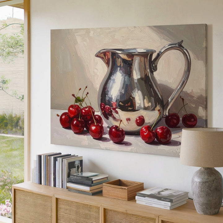 Cherries & Silver Pitcher Canvas – Realistic Oil Still Life on Light Table - Gifitto
