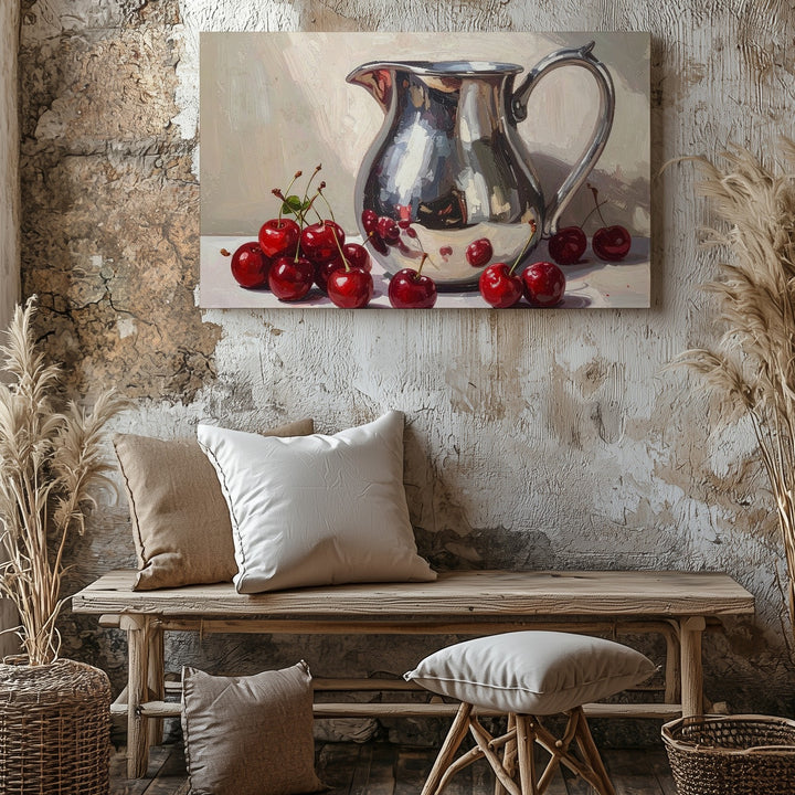 Cherries & Silver Pitcher Canvas – Realistic Oil Still Life on Light Table - Gifitto