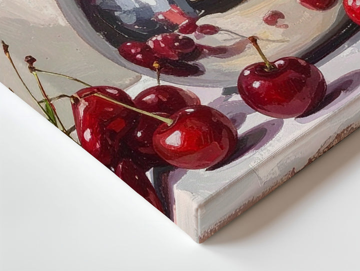 Cherries & Silver Pitcher Canvas – Realistic Oil Still Life on Light Table - Gifitto
