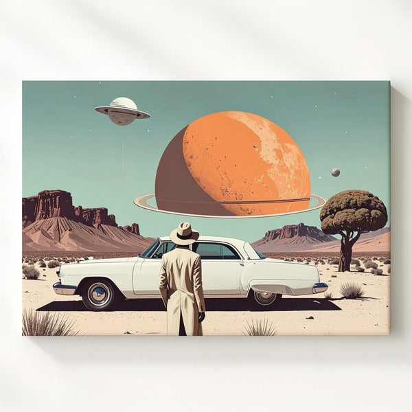 Surreal Desert Dream Canvas – Vintage Car & Cosmic Sci-Fi Landscape - Gifitto