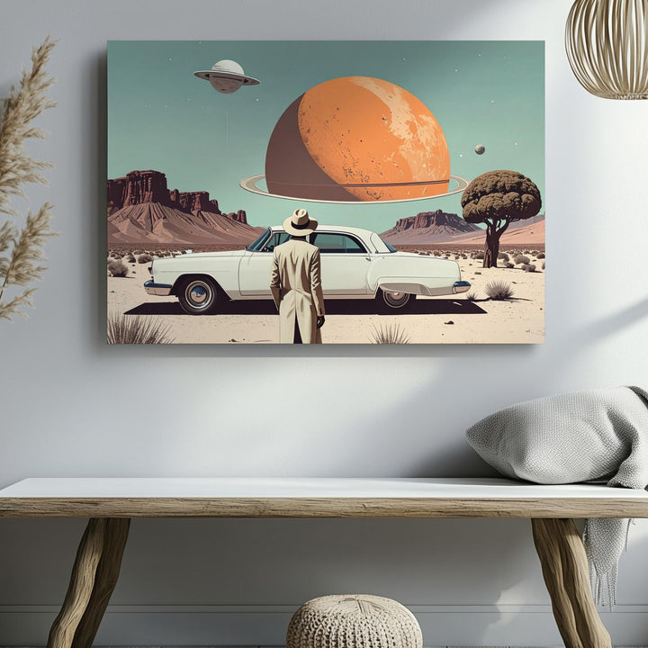 Surreal Desert Dream Canvas – Vintage Car & Cosmic Sci-Fi Landscape - Gifitto