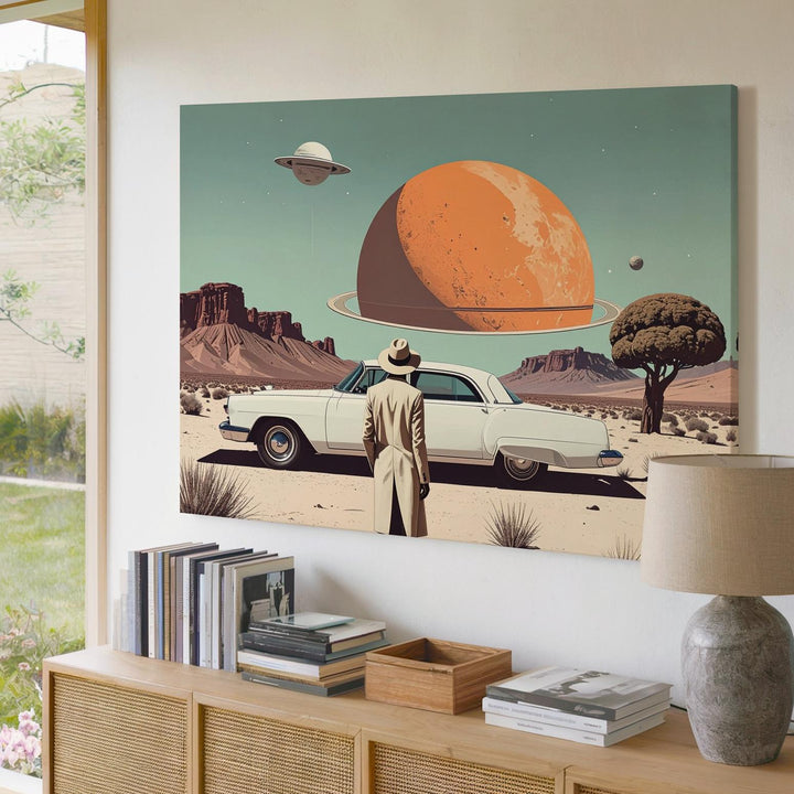 Surreal Desert Dream Canvas – Vintage Car & Cosmic Sci-Fi Landscape - Gifitto