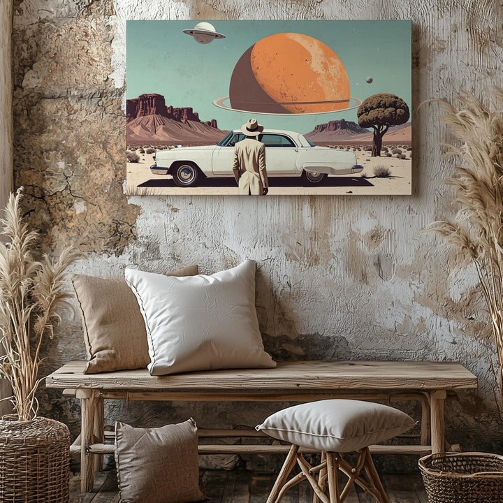 Surreal Desert Dream Canvas – Vintage Car & Cosmic Sci-Fi Landscape - Gifitto