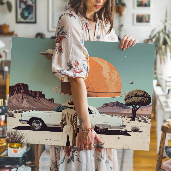 Surreal Desert Dream Canvas – Vintage Car & Cosmic Sci-Fi Landscape - Gifitto