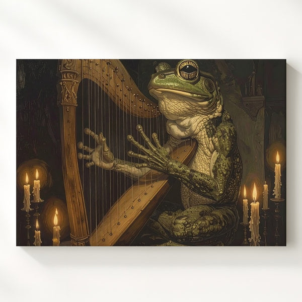Frog Harpist in Candlelight Canvas – Surreal Anthropomorphic Fantasy Art - Gifitto