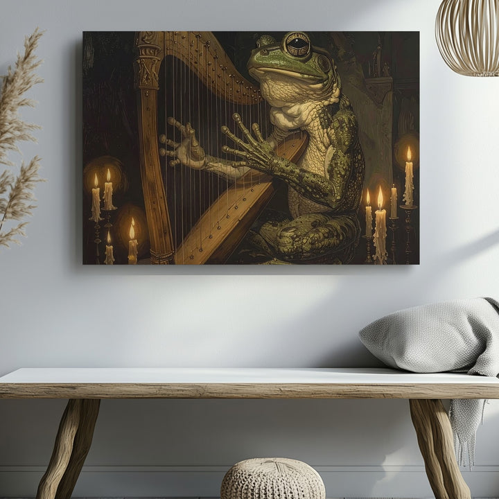 Frog Harpist in Candlelight Canvas – Surreal Anthropomorphic Fantasy Art - Gifitto