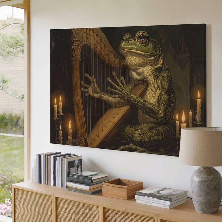 Frog Harpist in Candlelight Canvas – Surreal Anthropomorphic Fantasy Art - Gifitto