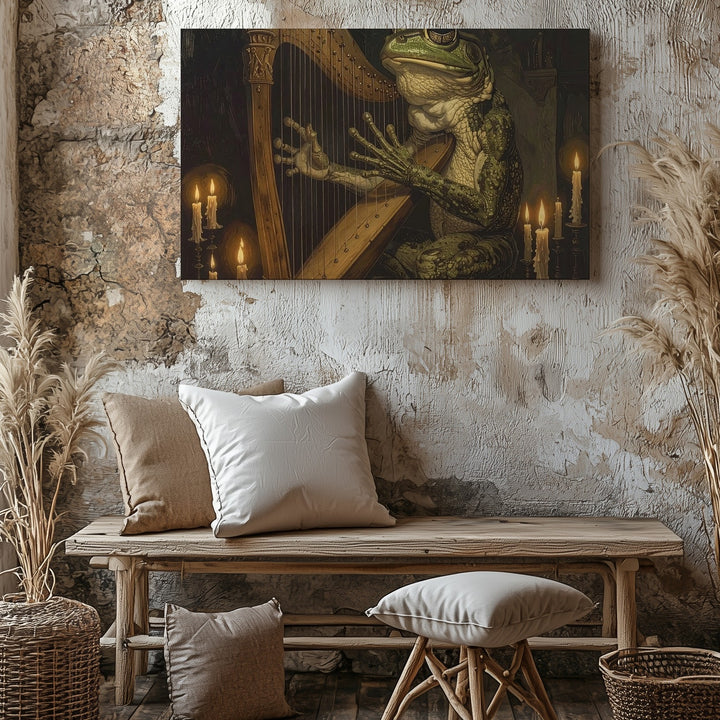 Frog Harpist in Candlelight Canvas – Surreal Anthropomorphic Fantasy Art - Gifitto