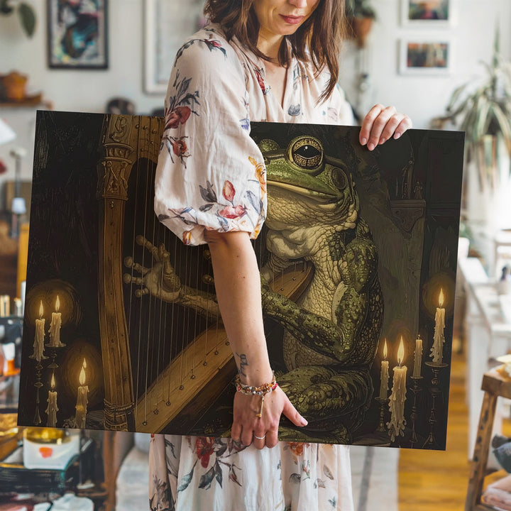 Frog Harpist in Candlelight Canvas – Surreal Anthropomorphic Fantasy Art - Gifitto