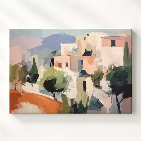 Pastel Hillside Village Canvas – Dreamy Mediterranean Landscape Art - Gifitto