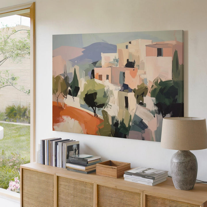 Pastel Hillside Village Canvas – Dreamy Mediterranean Landscape Art - Gifitto