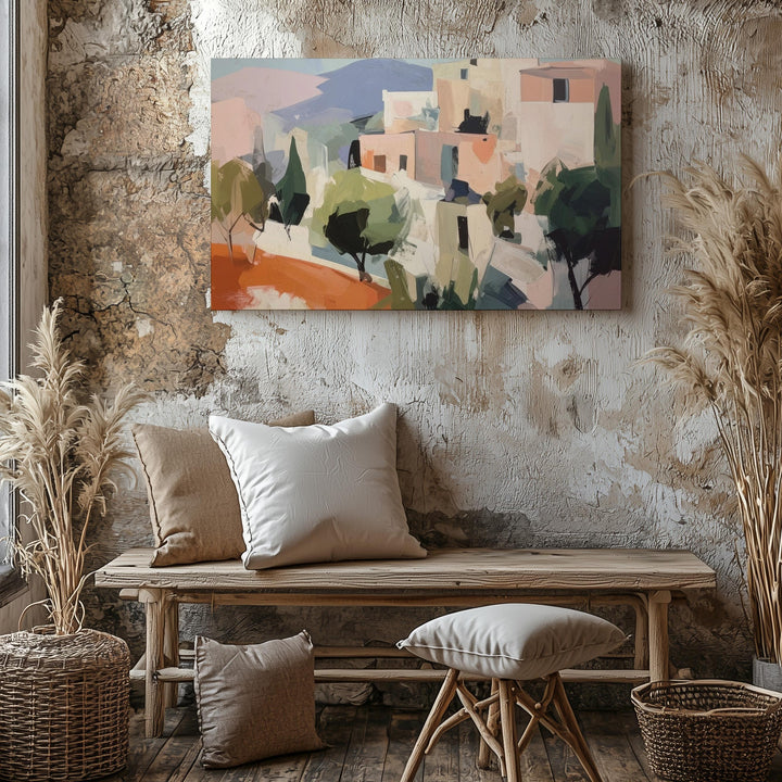 Pastel Hillside Village Canvas – Dreamy Mediterranean Landscape Art - Gifitto