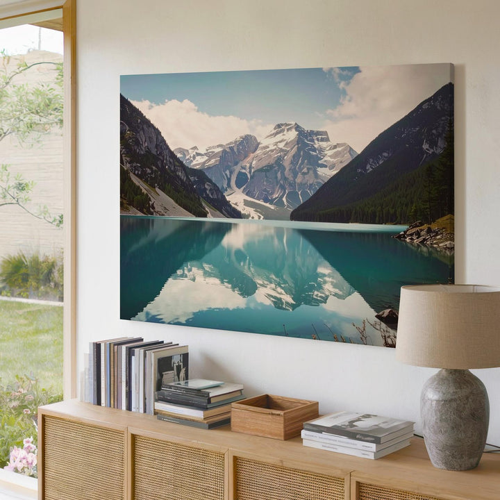 Symmetry of Stillness Canvas – Alpine Lake Reflection with Snowcapped Peaks - Gifitto