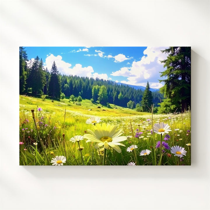 Sunlit Meadow Bloom Canvas – Daisies & Wildflowers under Blue Sky and Pines - Gifitto
