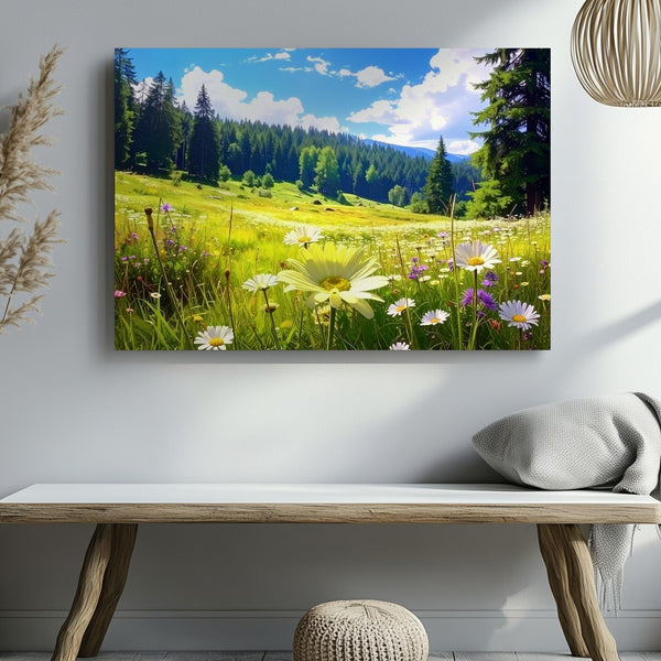 Sunlit Meadow Bloom Canvas – Daisies & Wildflowers under Blue Sky and Pines - Gifitto