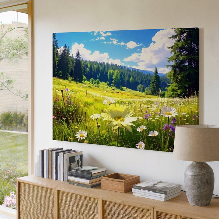 Sunlit Meadow Bloom Canvas – Daisies & Wildflowers under Blue Sky and Pines - Gifitto