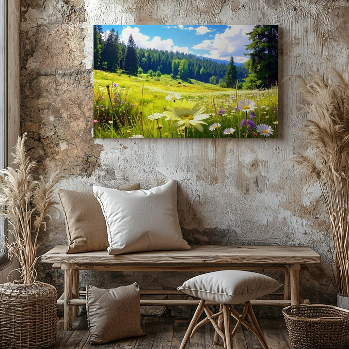 Sunlit Meadow Bloom Canvas – Daisies & Wildflowers under Blue Sky and Pines - Gifitto