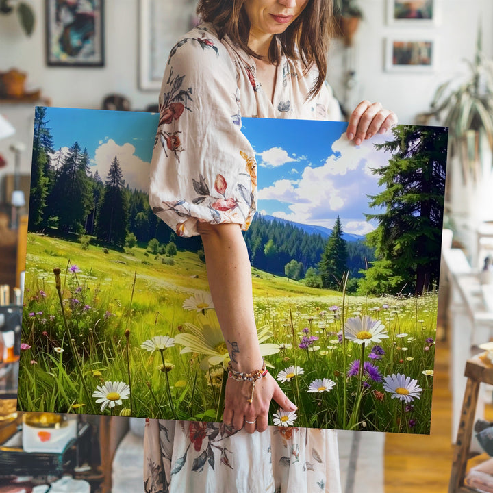 Sunlit Meadow Bloom Canvas – Daisies & Wildflowers under Blue Sky and Pines - Gifitto