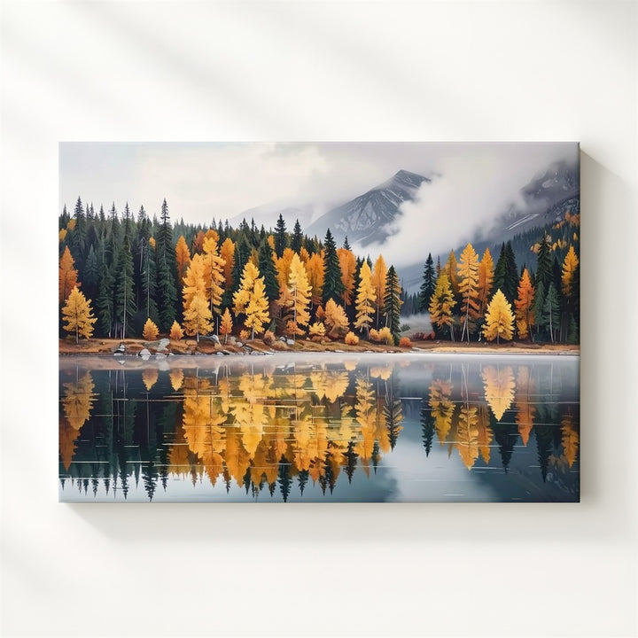 Autumn Reflection Lake Canvas – Foggy Forest in Gold & Burnt Orange - Gifitto