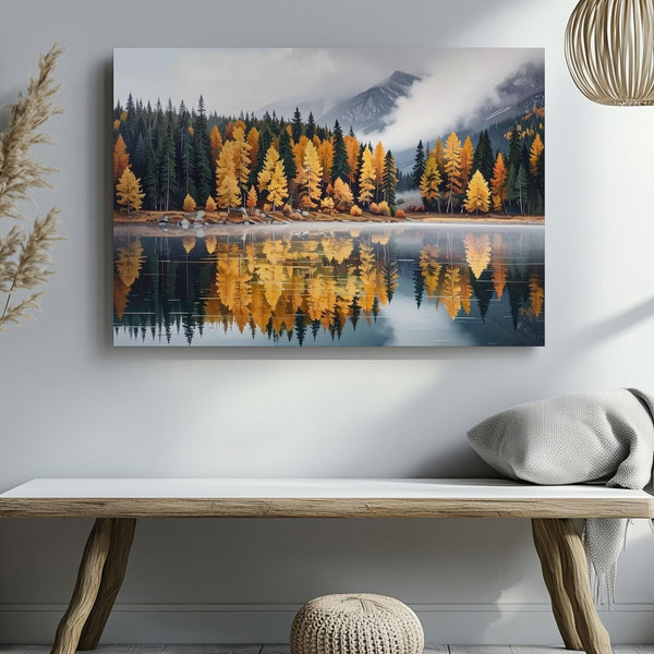 Autumn Reflection Lake Canvas – Foggy Forest in Gold & Burnt Orange - Gifitto