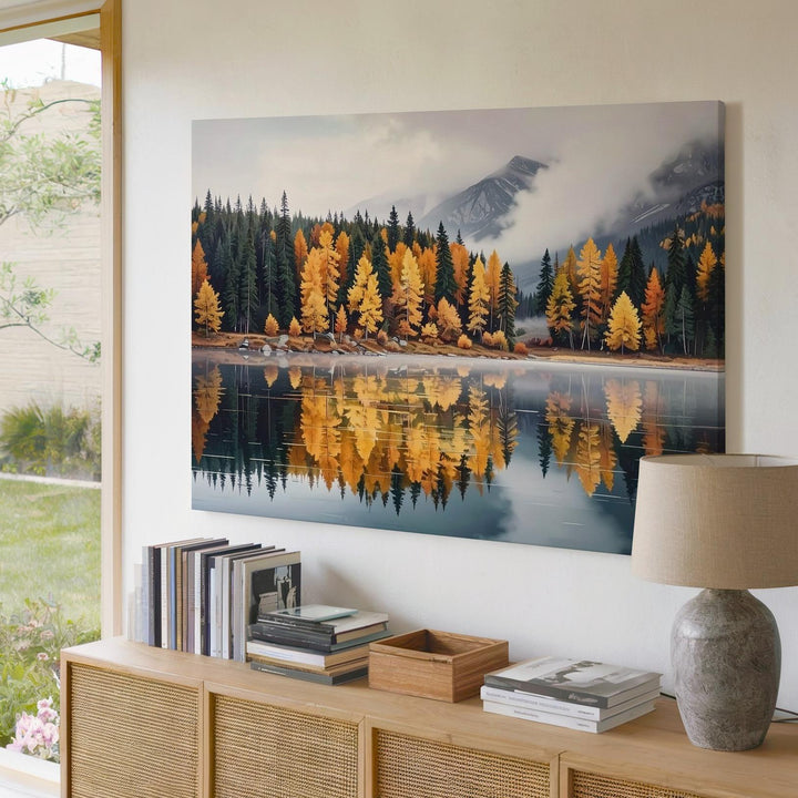 Autumn Reflection Lake Canvas – Foggy Forest in Gold & Burnt Orange - Gifitto
