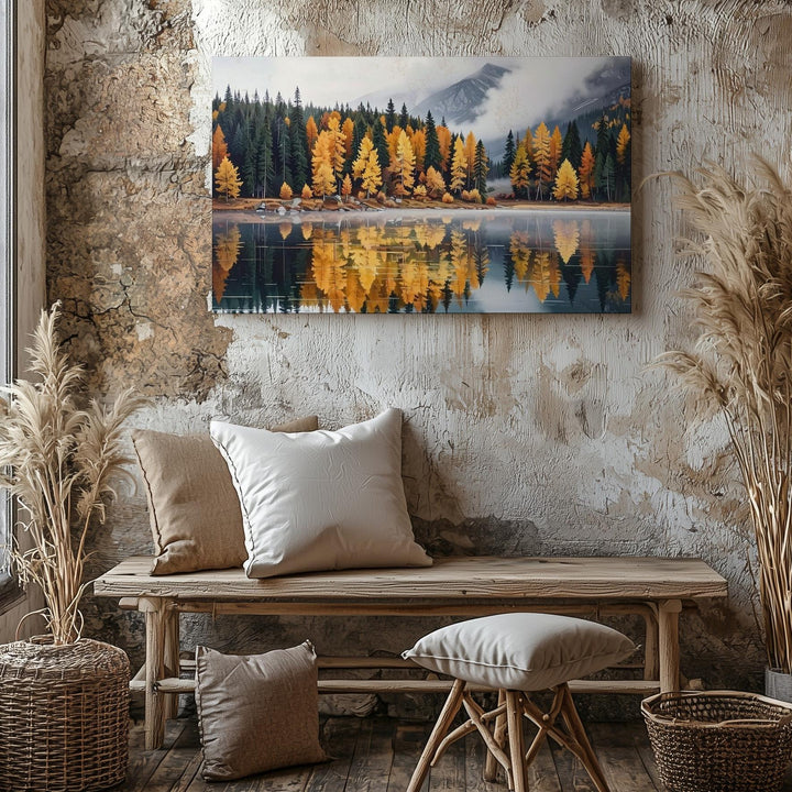 Autumn Reflection Lake Canvas – Foggy Forest in Gold & Burnt Orange - Gifitto