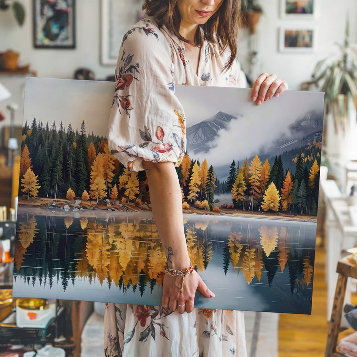 Autumn Reflection Lake Canvas – Foggy Forest in Gold & Burnt Orange - Gifitto