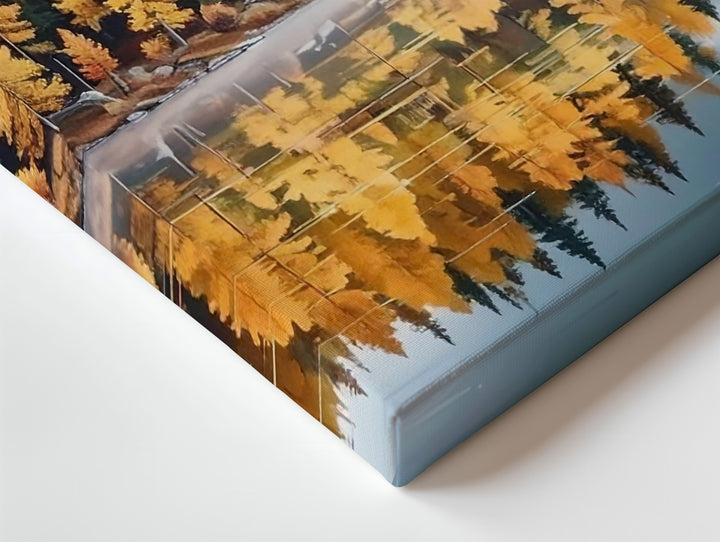 Autumn Reflection Lake Canvas – Foggy Forest in Gold & Burnt Orange - Gifitto