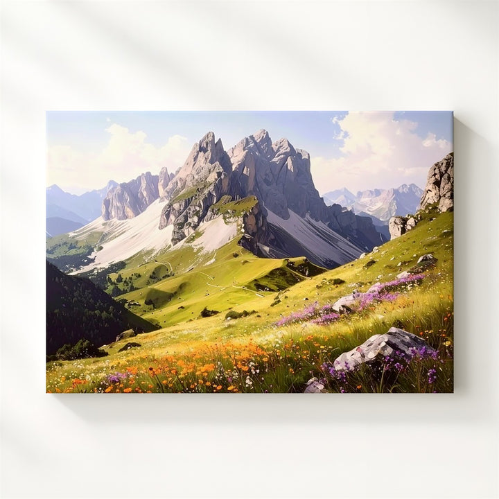 Highland Bloom Panorama Canvas – Wildflower Meadow with Jagged Mountain Peaks - Gifitto