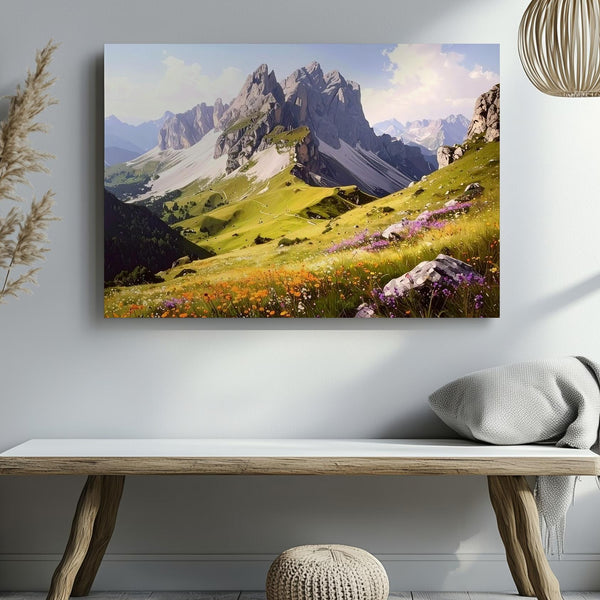 Highland Bloom Panorama Canvas – Wildflower Meadow with Jagged Mountain Peaks - Gifitto