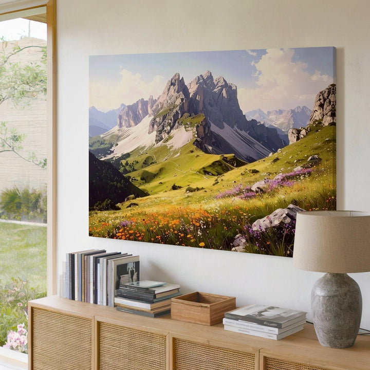 Highland Bloom Panorama Canvas – Wildflower Meadow with Jagged Mountain Peaks - Gifitto