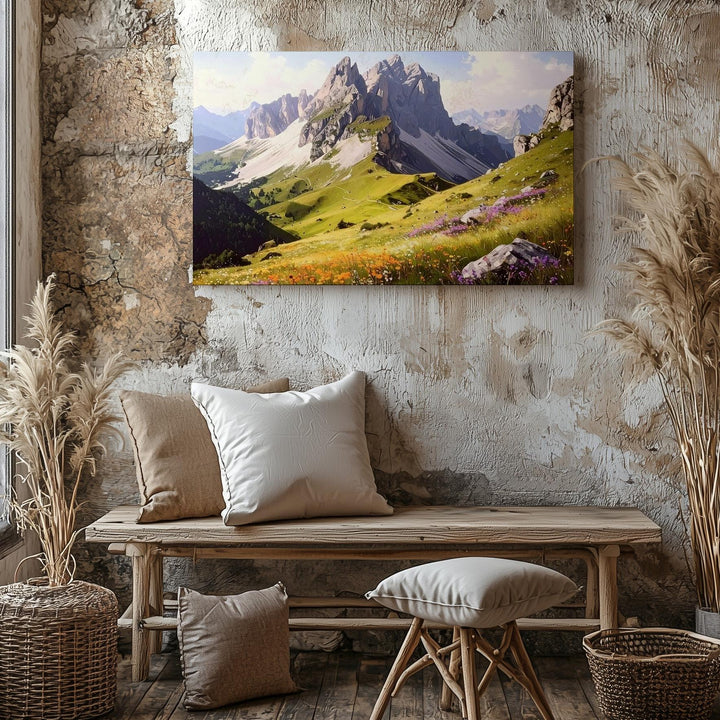 Highland Bloom Panorama Canvas – Wildflower Meadow with Jagged Mountain Peaks - Gifitto