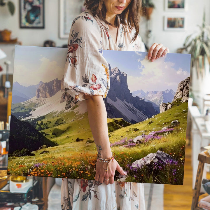 Highland Bloom Panorama Canvas – Wildflower Meadow with Jagged Mountain Peaks - Gifitto