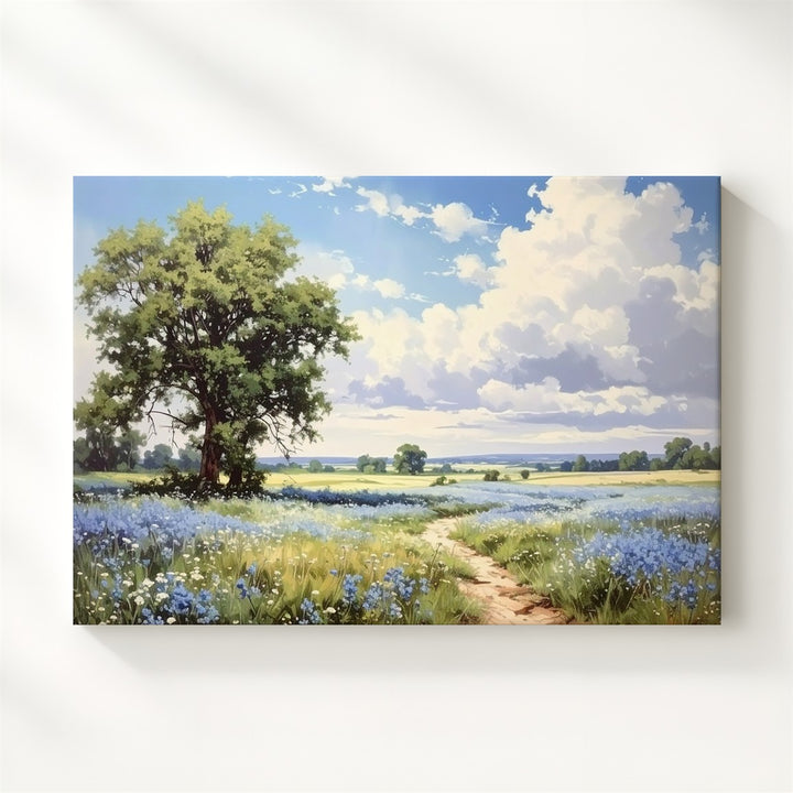Blue Blossom Path Canvas – Idyllic Countryside Scene with Tree & Wildflower Field - Gifitto