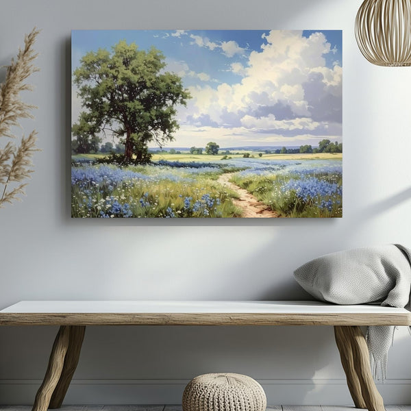 Blue Blossom Path Canvas – Idyllic Countryside Scene with Tree & Wildflower Field - Gifitto
