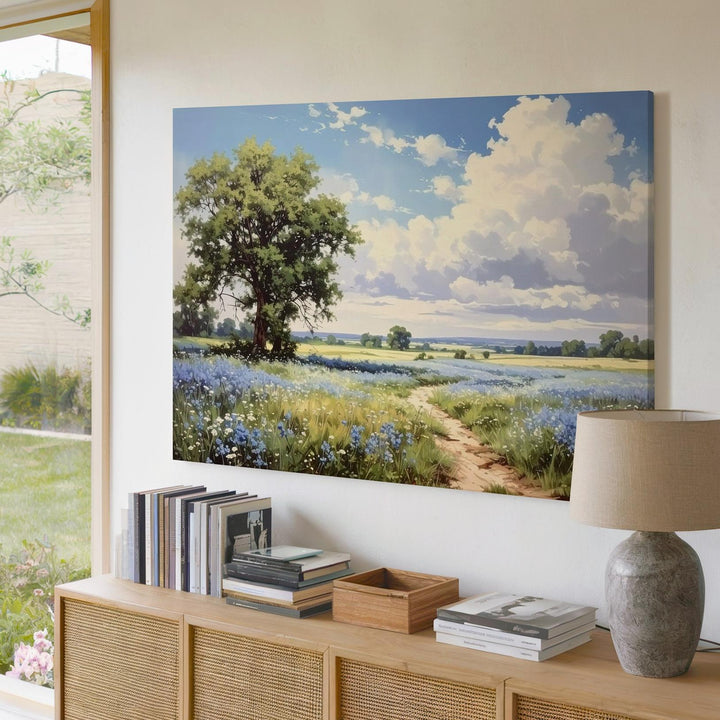 Blue Blossom Path Canvas – Idyllic Countryside Scene with Tree & Wildflower Field - Gifitto